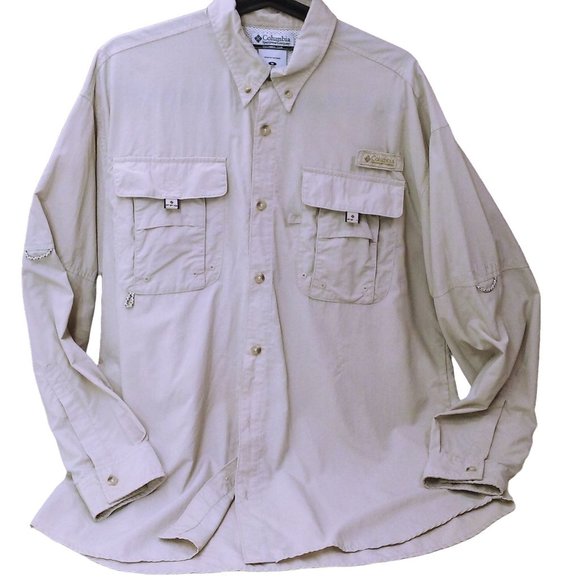 Vintage 90s Columbia PFG Shirt OmniShade Mens-M Pockets LSL Nylon Beige - Picture 1 of 10